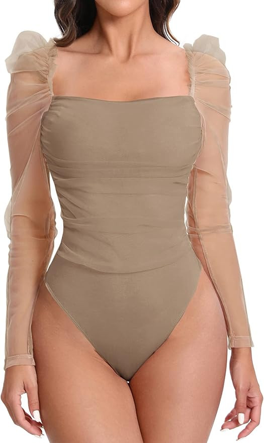 Floerns Women's Puff Sleeve Square Neck Mesh Surplice Ruched Bodysuit Tops Jumpsuits | Amazon (US)