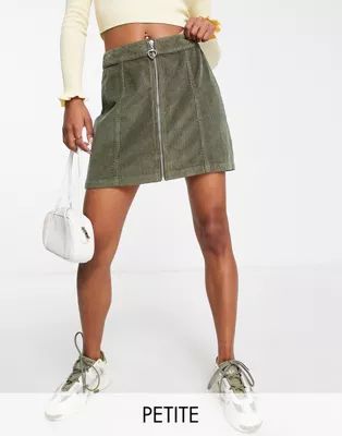 Miss Selfridge Petite - Mini-jupe en velours côtelé à fermeture éclair - Kaki | ASOS (Global)