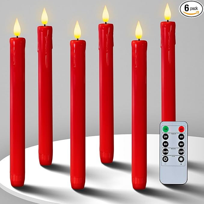 Homemory 6 Pcs Flameless Taper Candles with Remote Timer Dimmer, Red Battery Operated Candlestick... | Amazon (US)