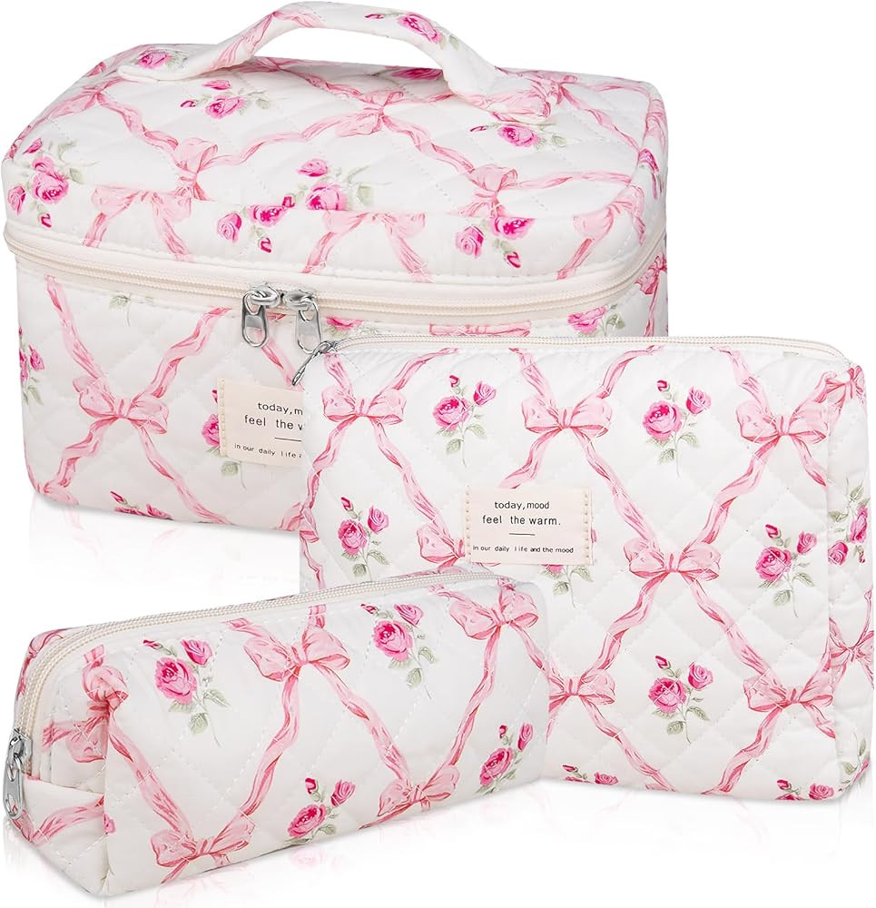 3PC Makeup Bag Set, Quilted Makeup Bag, Large Floral Cosmetic Bag for Women, Cute Cotton Makeup B... | Amazon (US)