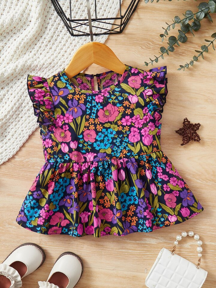 SHEIN Kids SUNSHNE Young Girl Floral Print Butterfly Sleeve Peplum Blouse | SHEIN