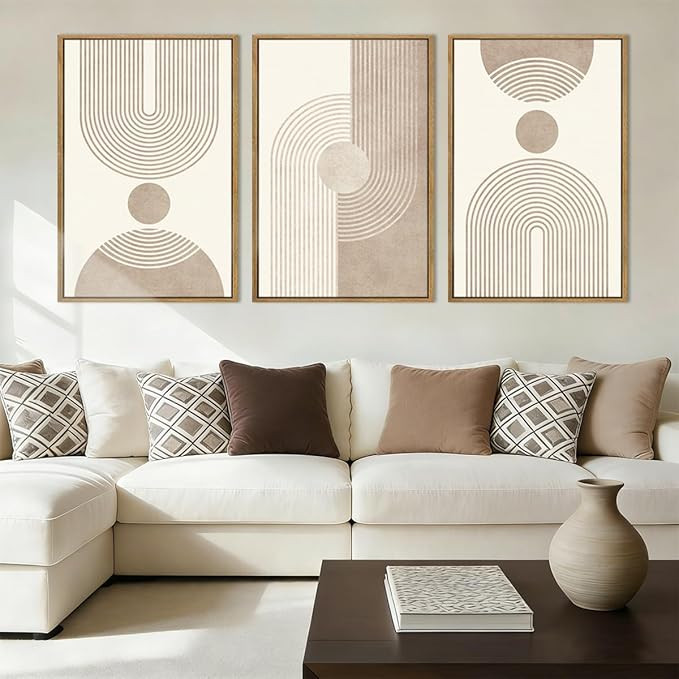 Amazon.com: BINCUE Beige Neutral Canvas Wall Art Framed Geometric Abstract Wall Decor Mid Century... | Amazon (US)