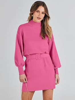 ANRABESS Women's Sweater Dress 2023 Winter Casual Long Sleeve Mock Neck Tie Waist Elegant Knit Mi... | Amazon (US)