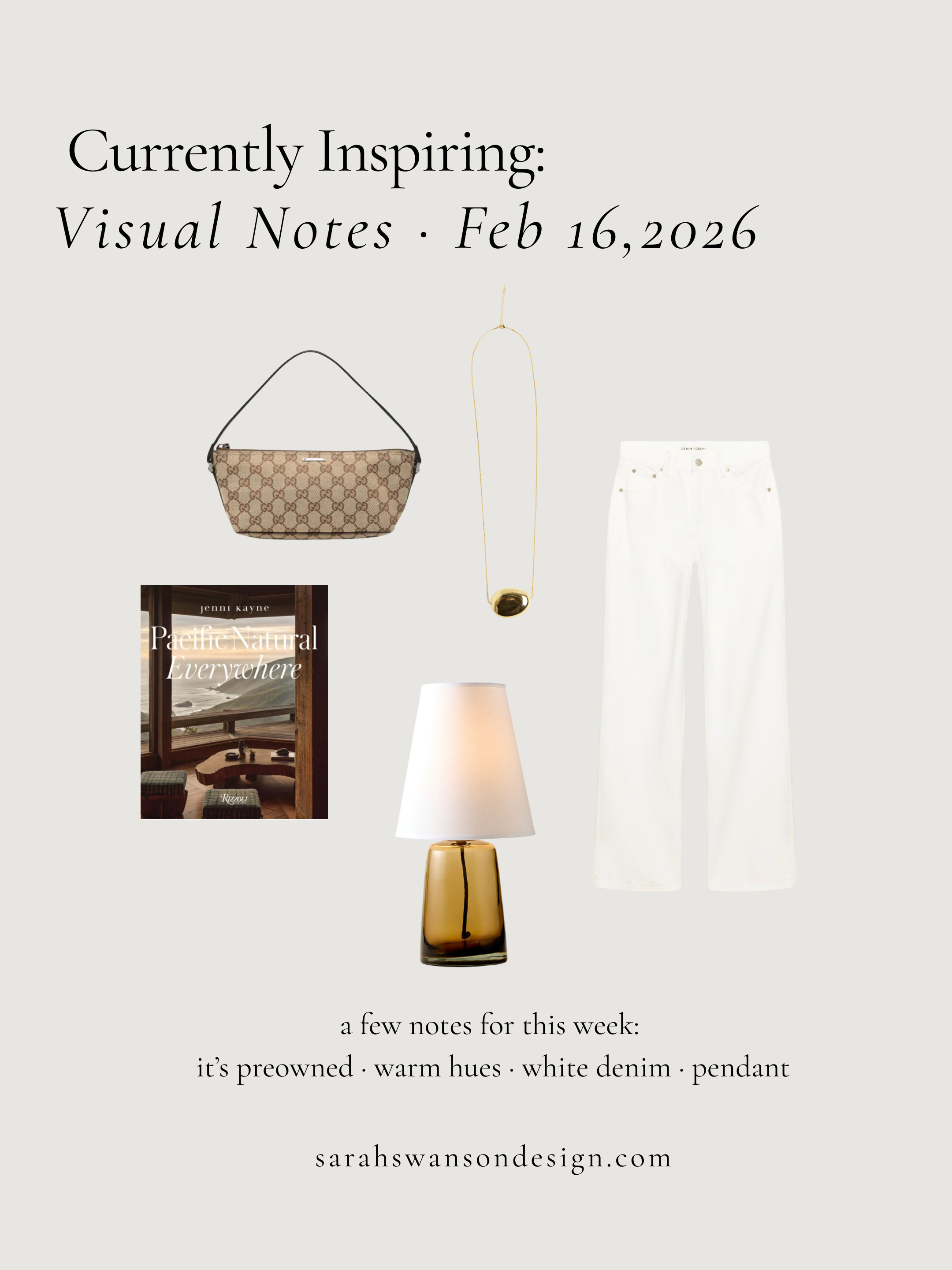 A few notes from this week —

preloved handbags, warm inviting hues, white denim + a 90's comeback.

Read the full post — https://www.sarahswansondesign.com/post/visual-notes-feb-16-2026 

 #LTKSeasonal #LTKOver40 #LTKHome
