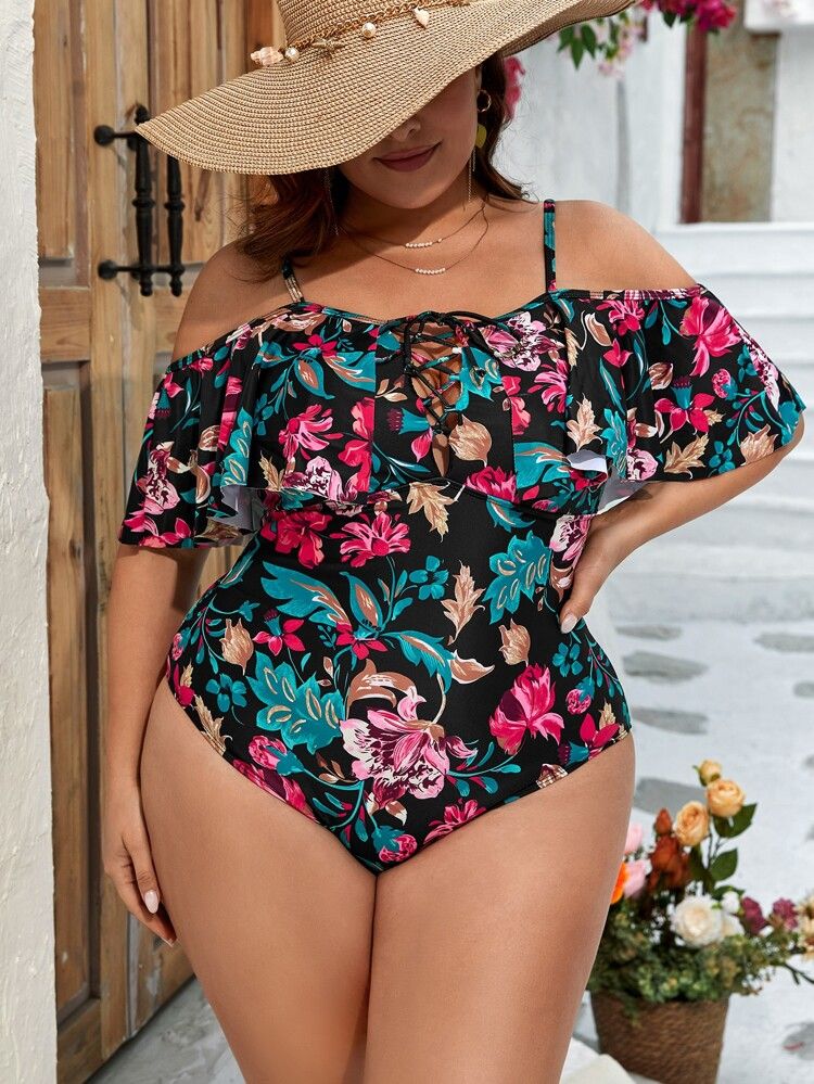 New
     
      Plus Floral Print Lace Up Front Ruffle Trim One Piece Swimsuit | SHEIN