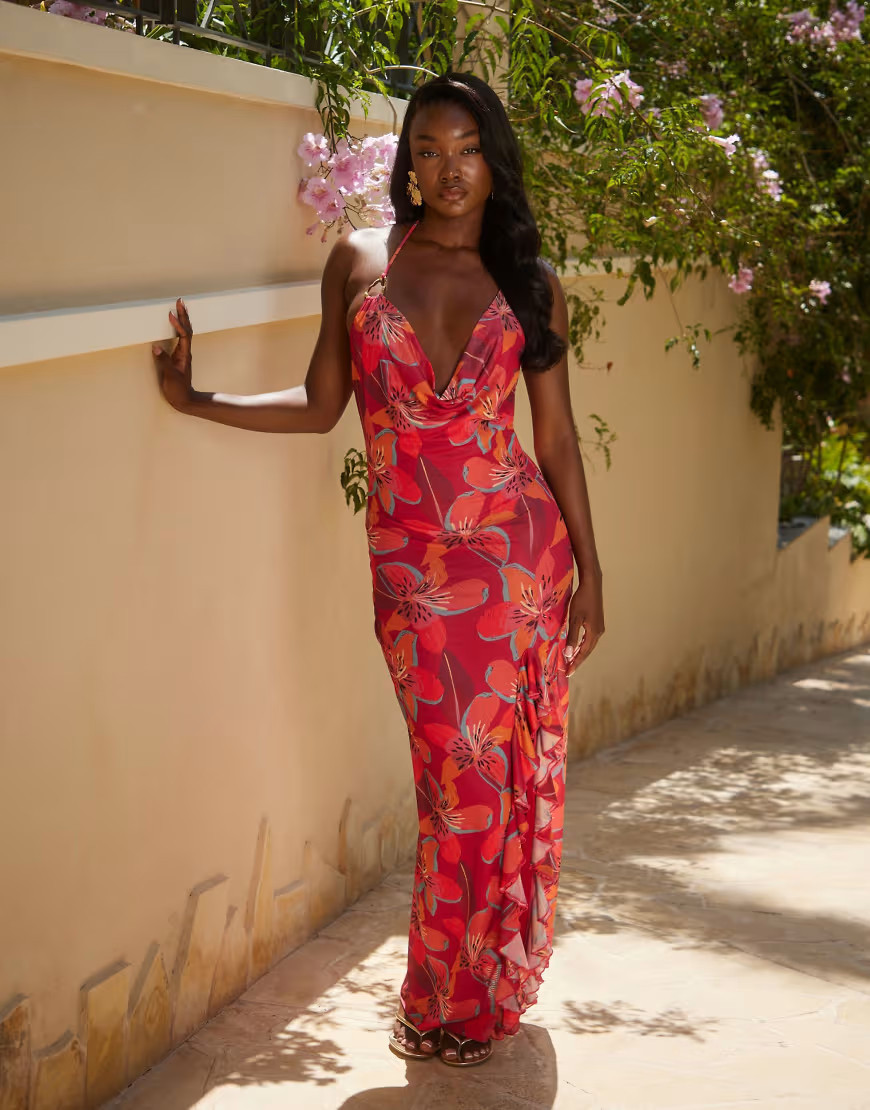 South Beach cowl neck maxi beach dress in tropical flower red-Multi | ASOS (Global)