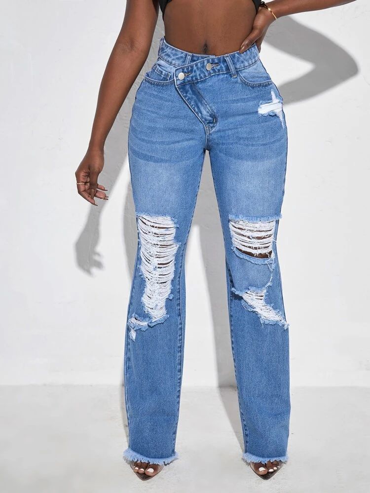 SHEIN SXY Asymmetrical Waist Ripped Raw Cut Jeans | SHEIN