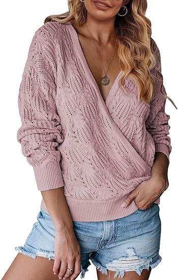 MEROKEETY Womens Deep V Neck Wrap Sweaters Long Sleeve Crochet Knit Pullover Tops | Amazon (US)