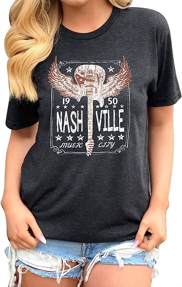 Women Nashville Music City Tshirt Country Concert Guitar Wings Graphic Tees Vintage Rocker Band T... | Amazon (US)