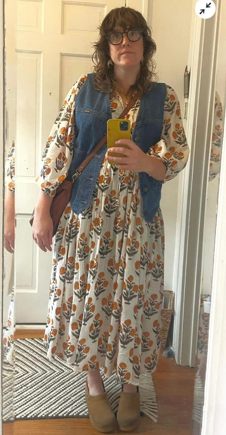 Marigold Floral Block Print Dress, 100% Cotton Boho Maxi Dress, Indian Jaipur Print Smock Dress, ... | Etsy (Global)