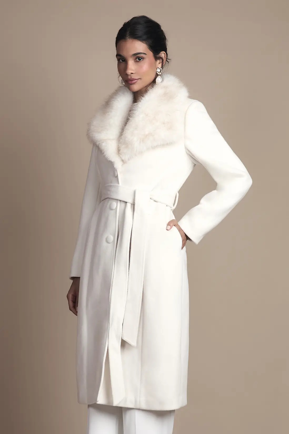 Jackets & Coats | Ivory Faux Fur Collar Occasion Belted Midi Coat | Coast | Karen Millen US