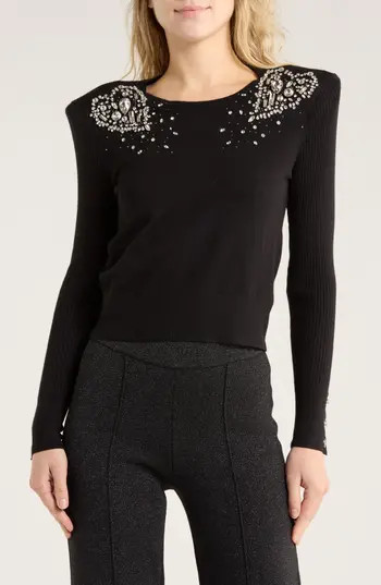L'AGENCE Cesca Crystal Heart Crop Sweater in Black/Crystal at Nordstrom Rack, Size Medium | Nordstrom Rack