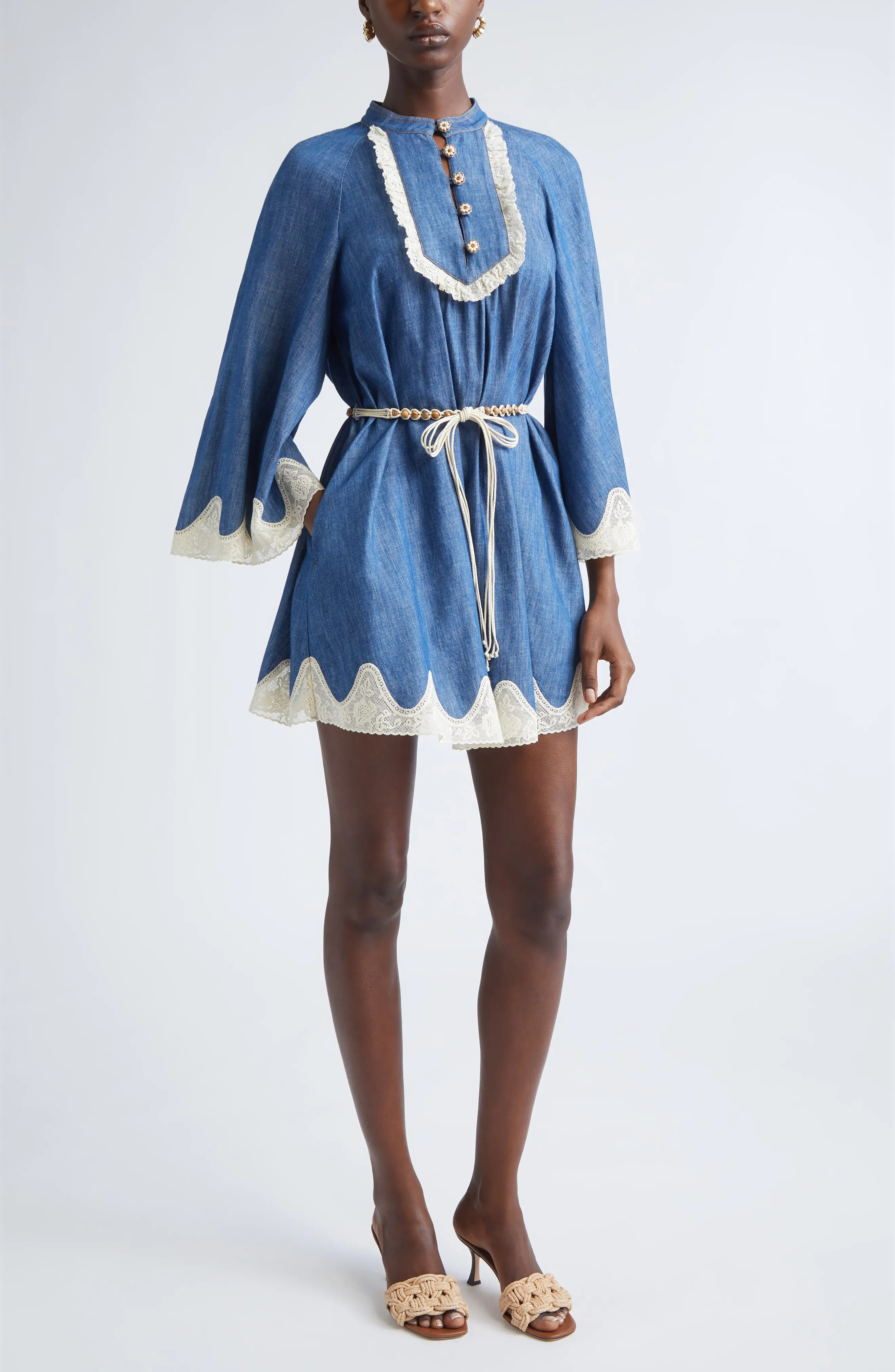 Zimmermann Awaken Belted Lace Trim Denim Minidress in Railway Blue at Nordstrom, Size 3 | Nordstrom