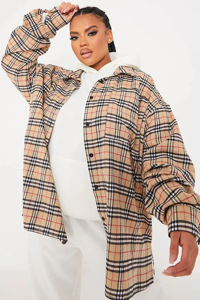Nude Plus Size Brushed Check Oversized Shirt | ISAWITFIRST UK