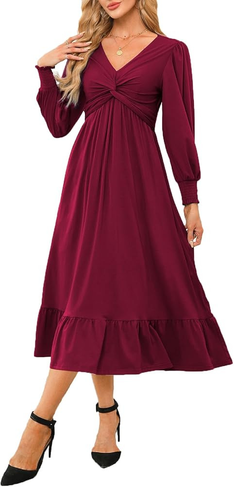 Dokotoo Womens 2024 Wrap V-Neck Twist Knot Long Sleeve Empire Waist Midi Maxi Dress A-Line Ruched... | Amazon (US)