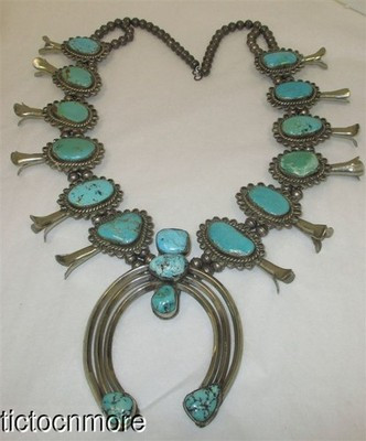 VINTAGE NAVAJO INDIAN BLUE TURQUOISE SQUASH BLOSSOM ROSETTES NAJA NECKLACE | eBay US