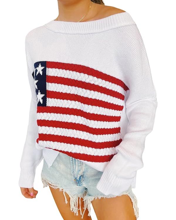 Women Y2K American Flag Sweaters Long Sleeve Round Neck Flag Print Knit Pullover Sweater Vintage ... | Amazon (US)