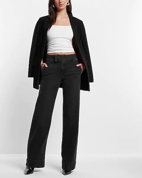 High Waisted Washed Black Tall Hem Wide Leg Jeans | Express