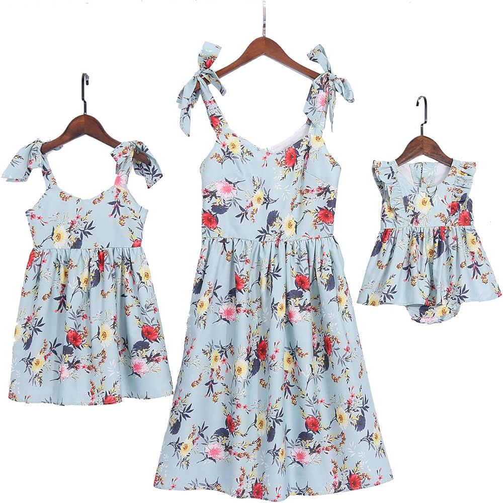Mommy and Me Floral Printed Dresses Shoulder Straps Bowknot Chiffon Sleeveless Matching Outfits | Amazon (US)