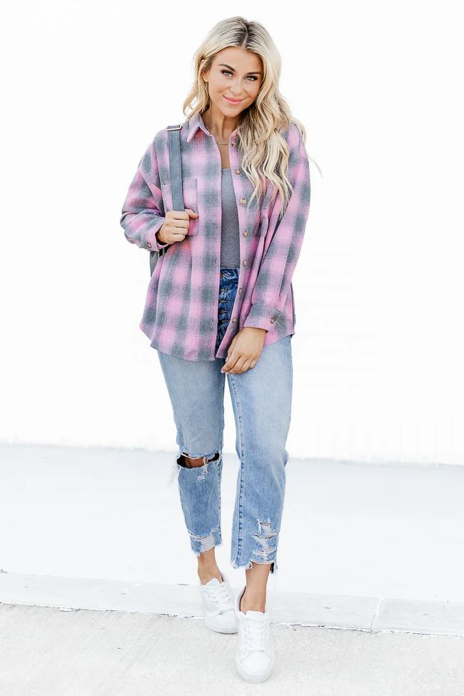 Meet You Outside Pink/Grey Plaid Shacket DOORBUSTER | Pink Lily