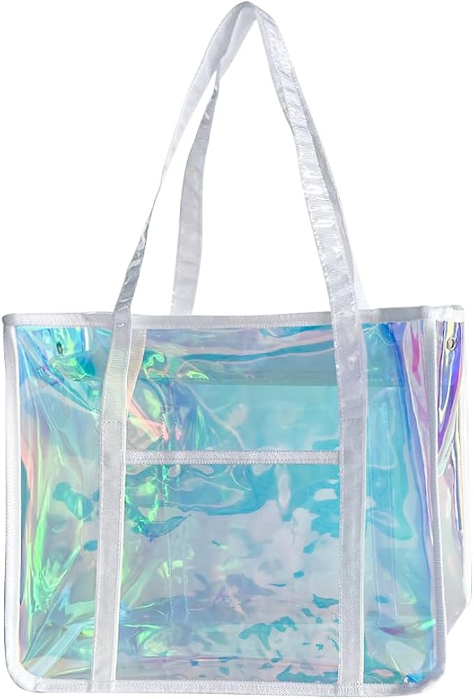 Star-Print Holographic Beach Bag - Waterproof Iridescent PVC Tote for Women, Stadium Approved Cle... | Amazon (US)