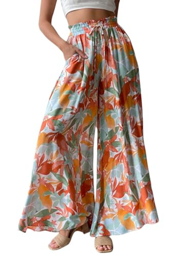 YOCUR Summer Beach Vacation Pants High Waisted Wide Leg Pants for Women Printed Loose Flowy Palazzo Lounge Trousers Orange XXL | Amazon (US)