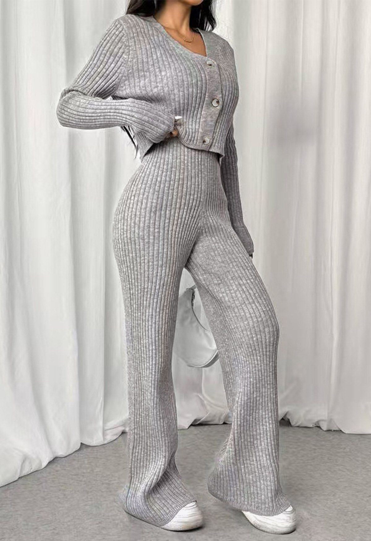 V-Neck Buttoned Knit Crop Cardigan and Flare Pants Set in Grey | Chicwish