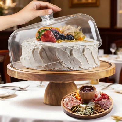 Acacia Wood Cake Stand With Lid - 12In Round Cake Holder & 2-In-1 Dessert Display Set For Cheese, Chips, Dips, Fruit Platters, Charcuterie Board & Lar | Wayfair North America