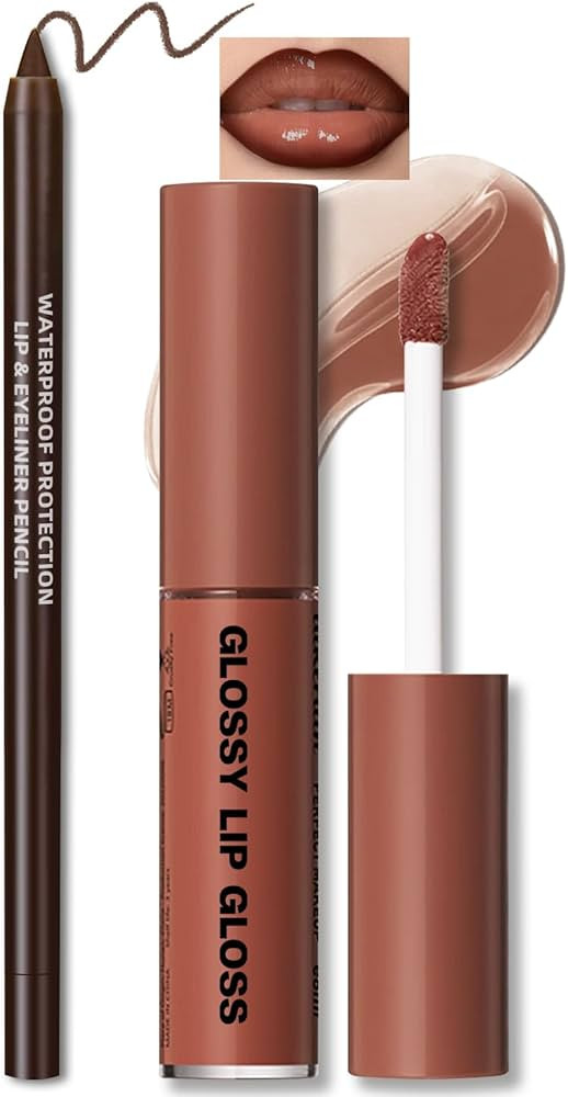 HOSAILY Nourishing Lip Gloss with Brown Lip Liner Lip Combo Set, Moisturizing High Shine Nude Lip... | Amazon (US)
