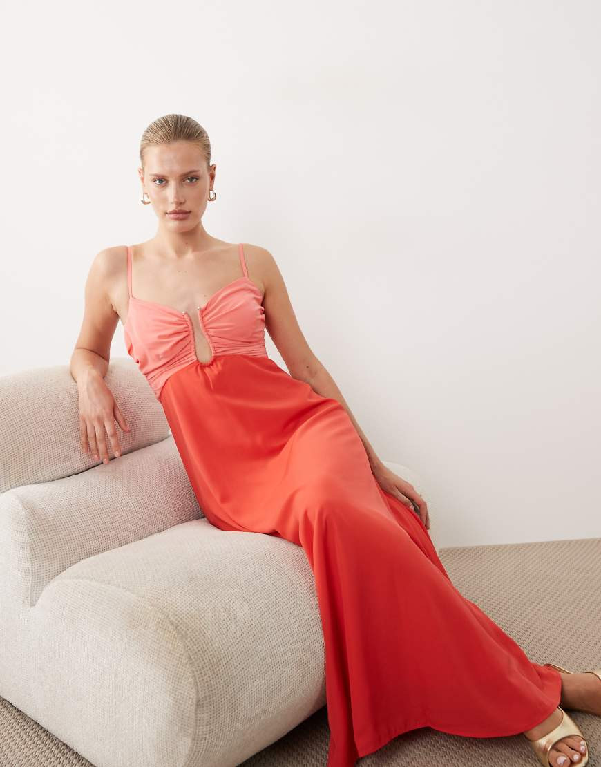 Abercrombie & Fitch cut out detail flowy maxi dress with built in bra in red and pink | ASOS (Global)