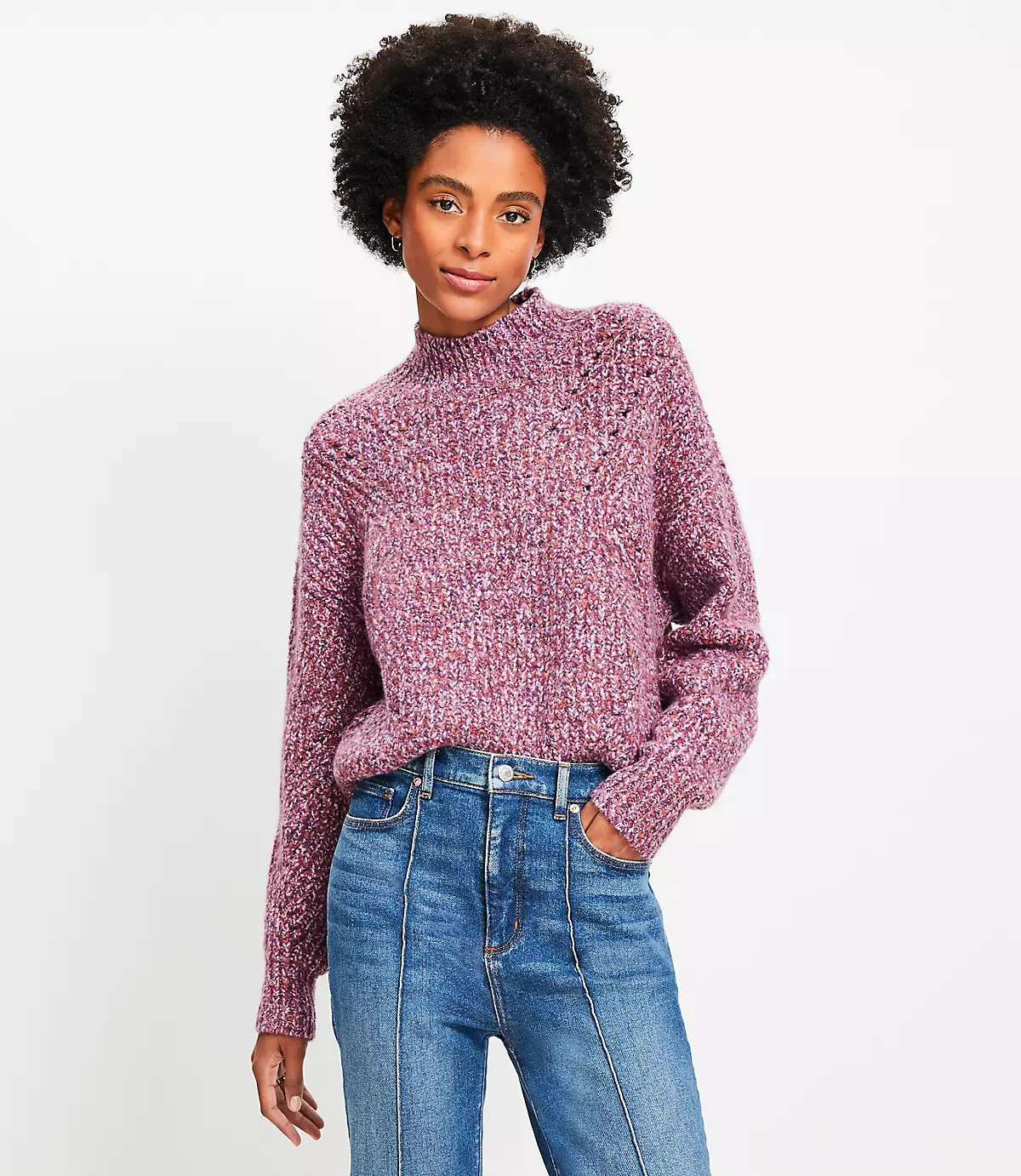 Pointelle Mixed Ribbed Mock Neck Sweater | LOFT