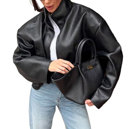 REASERAL Womens Leather Jacket Zipper Stand Collar Motorcycle Jacket Bomber Jacket Fall Winter Faux Coat | Amazon (US)