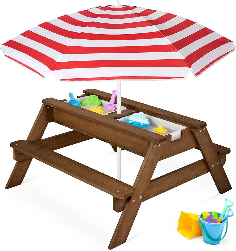 Best Choice Products Kids Picnic Table with Umbrella, 3-in-1 Sand & Water Table, Outdoor Converti... | Amazon (US)