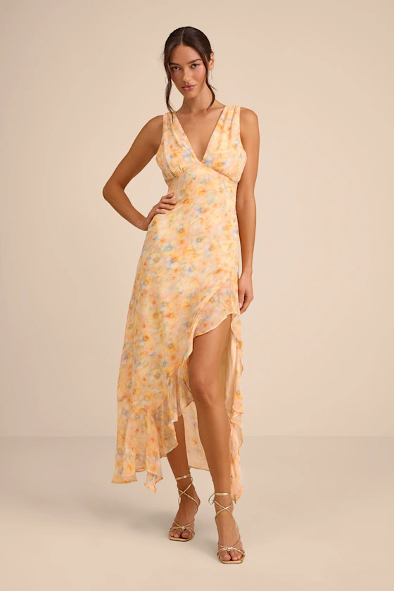 Laraline Peach Multi Floral Ruffled Cowl Back Maxi Dress | Lulus