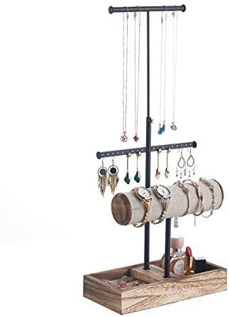 MXARLTR Jewelry Organizer Tree Stand Metal and Wood Basic Large Storage Necklaces T-Bar Bracelets... | Amazon (US)