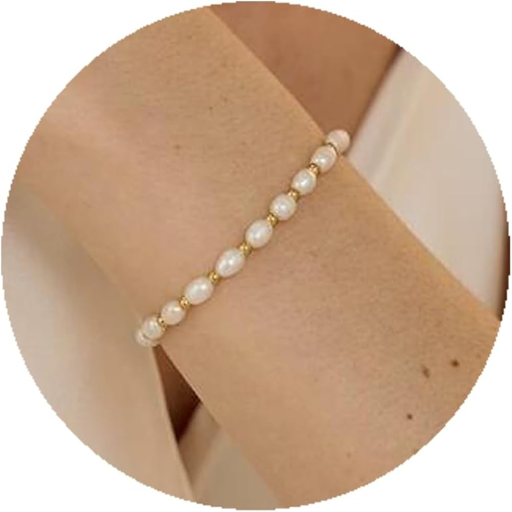 14K Gold Pearl Bracelet for Women, Dainty White Pearl Wedding Bracelet Gift | Amazon (US)