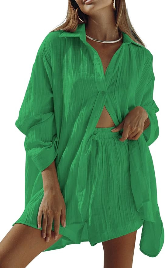 Fixmatti 2 Piece Casual Outfits Long Sleeve Button Down Shirt and Shorts Sweatsuit Sets | Amazon (US)