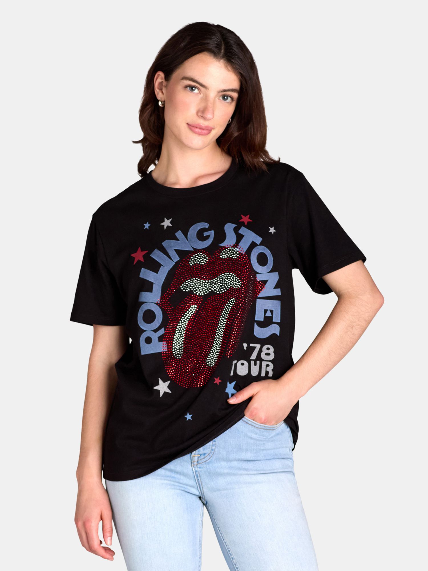 Time and Tru Women’s Rolling Stones Rhinestone Stud Graphic Band Tee, Sizes XS-XXXL | Walmart (US)