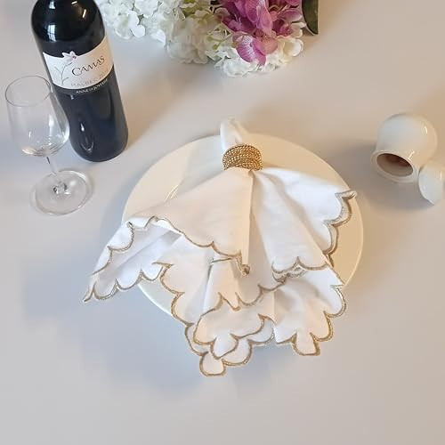 FINGERCRAFT Cloth Napkins, Everyday Use Scallop Design with Golden Zari, Premium Quality Natural Cotton Napkin Cloth Set of 6 Perfect for Parties Dinners Weddings Christmas 20x20 inch White | Amazon (US)