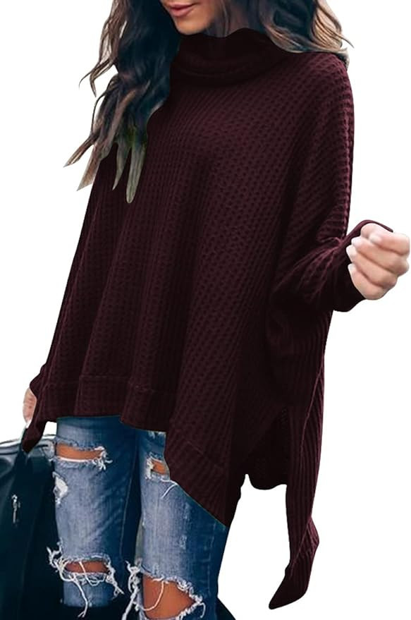 ANRABESS Women's Sweater 2023 Fall Oversized Turtleneck Long Batwing Sleeve Waffle Knit Split Hem... | Amazon (US)