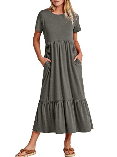 ANRABESS Womens 2025 Summer Casual Maxi Dress A line Tiered Flowy Short Sleeve Crewneck T Shirt Beach Travel Long Dresses XX-Large Gray | Amazon (US)