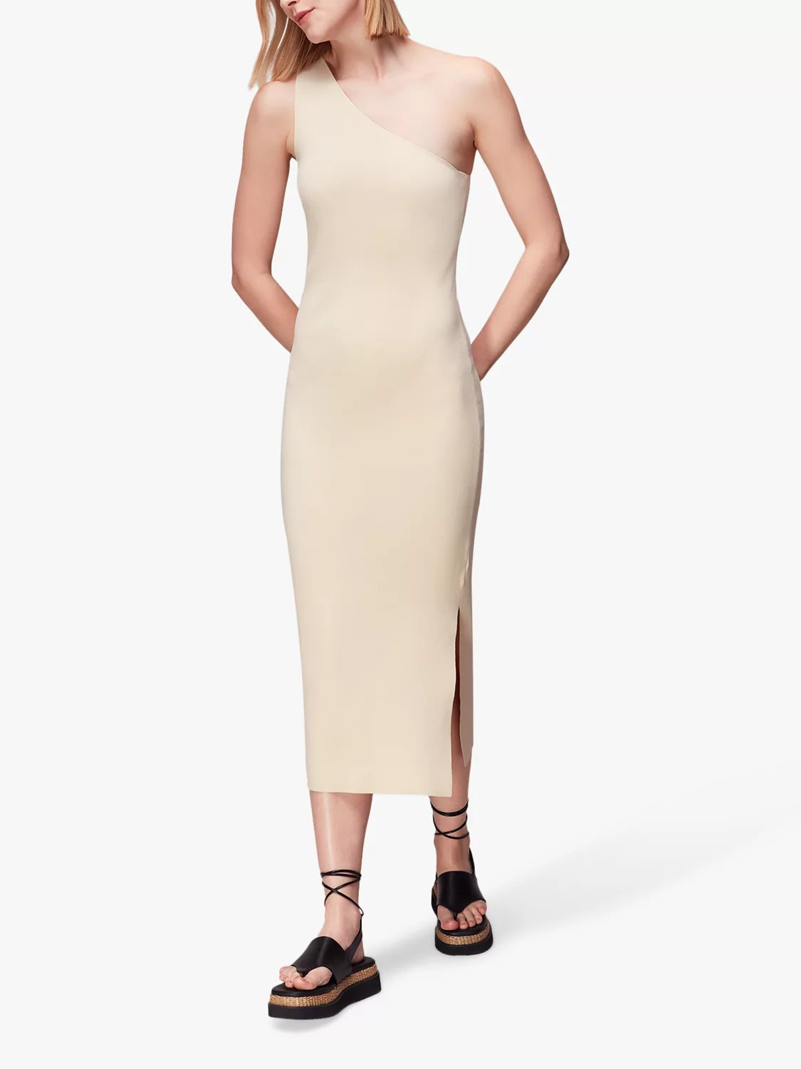 Whistles One Shoulder Knit Midi Dress, Ivory | John Lewis (UK)