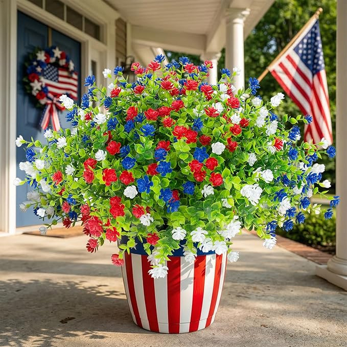 Hananona 12 Pcs Artificial Flowers Outdoor, Faux Artificial Plants UV Resistant Plastic Patriotic... | Amazon (US)