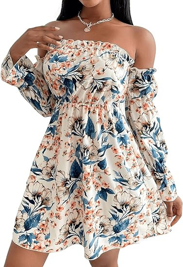 Romwe Women's Casual Floral Print Off Shoulder Trumpet Sleeve Swing Dress | Amazon (US)