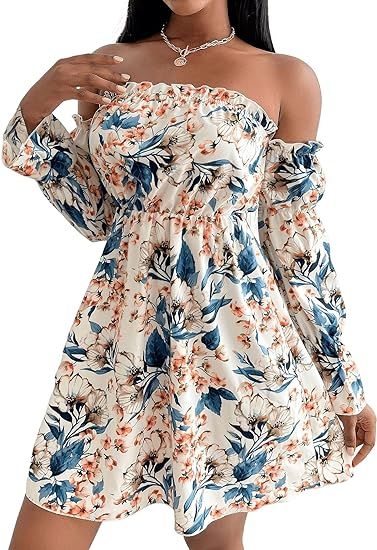 Romwe Women's Casual Floral Print Off Shoulder Trumpet Sleeve Swing Dress | Amazon (US)