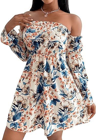 Romwe Women's Casual Floral Print Off Shoulder Trumpet Sleeve Swing Dress | Amazon (US)
