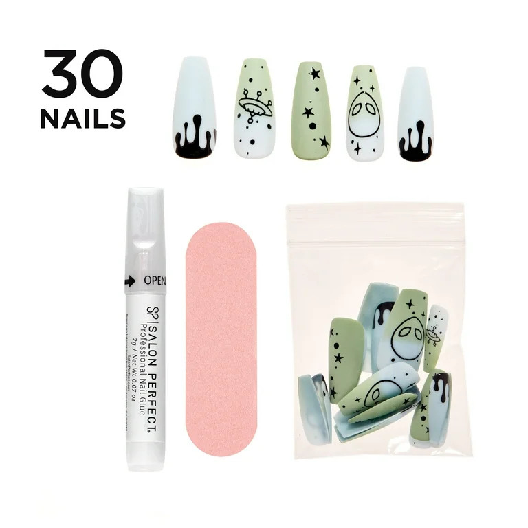 Salon Perfect Artificial Fake Press On Nails, 215 Modern Nostalgia, Blue Green UFO, Long Coffin, ... | Walmart (US)