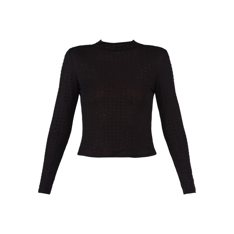 No Boundaries Rhinestone Studded Mesh Top with Long-Sleeves, Women's and Women’s Plus - Walmart... | Walmart (US)