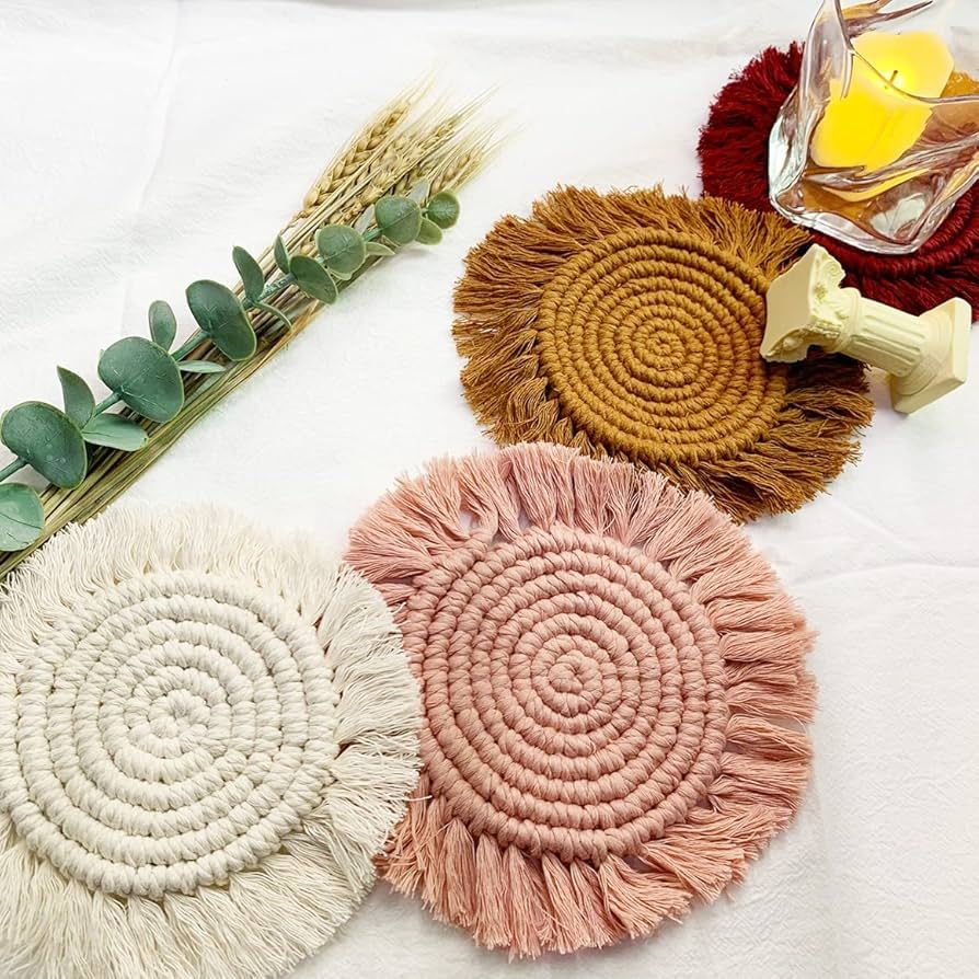 Boho Coasters Set of 4, Handmade Woven Coaster for Drinks, Macrame Coasters with Tassel, Bohemian... | Amazon (US)