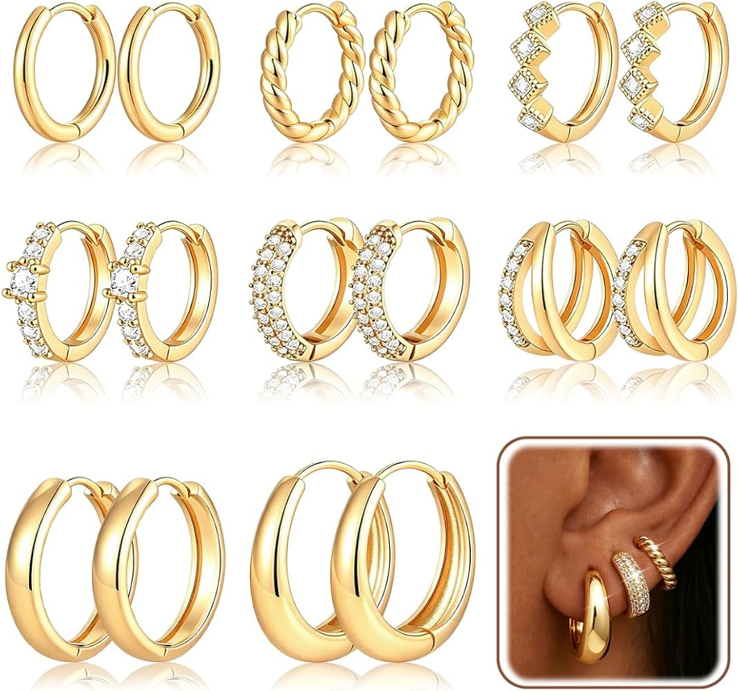 8 Pairs Gold Hoop Earrings Set for Women, 14K Gold Plated CZ Cartilage Earring for Multiple Pierc... | Amazon (US)